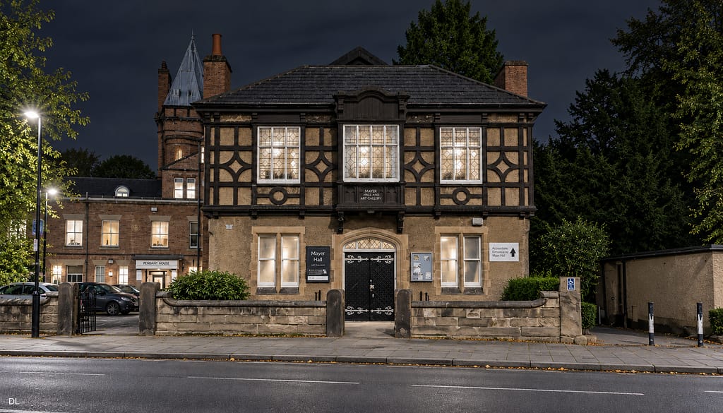 Mayer Hall in Bebington at night