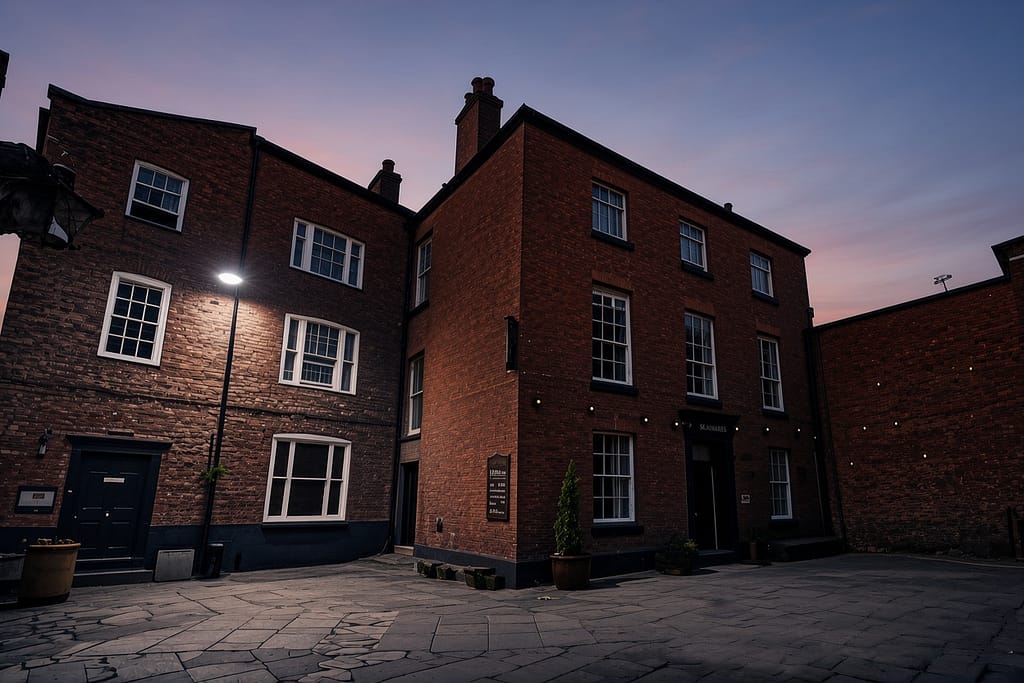 The Commercial Hotel Chester courtyard at dusk