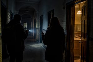 Investigators exploring an atmospheric historic police station corridor at night