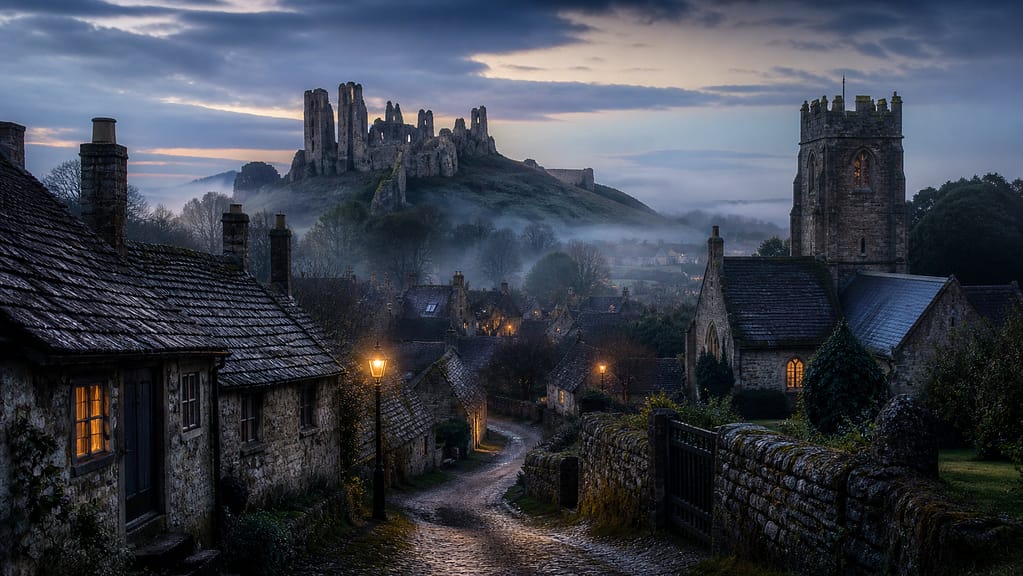 Atmospheric illustration of England’s haunted historic landscape