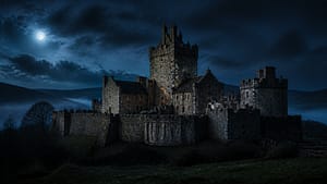 Atmospheric illustration of a historic haunted castle at night