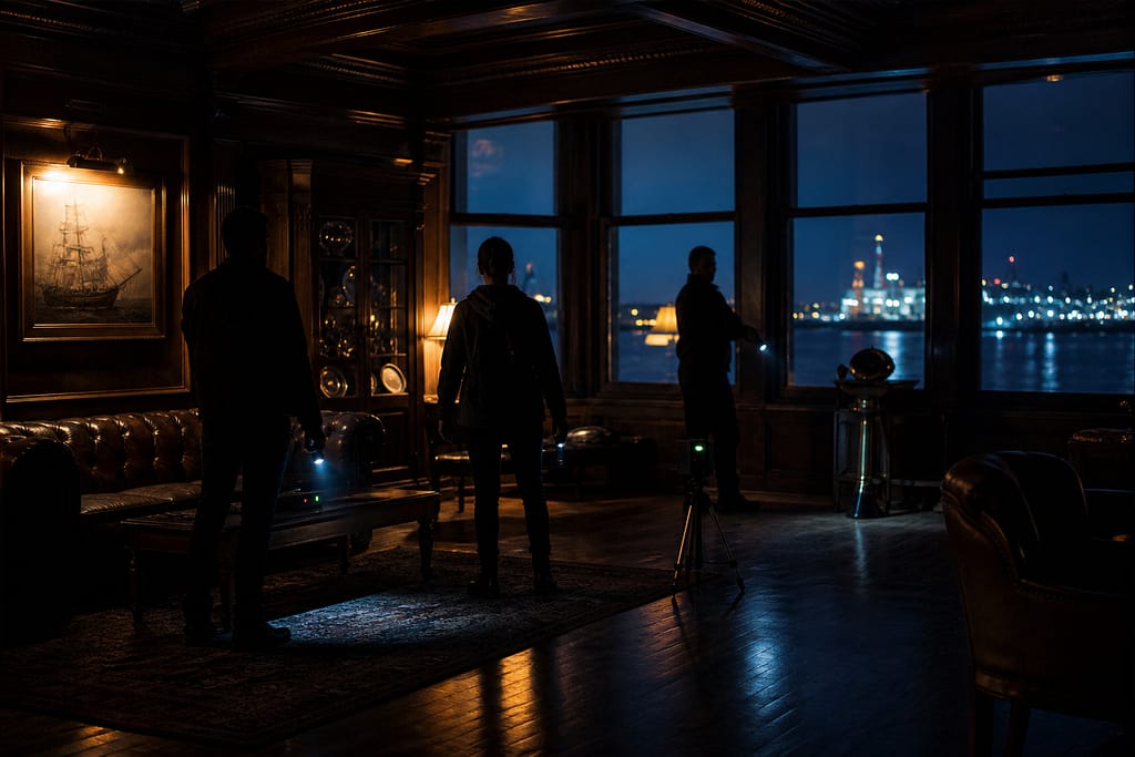 Paranormal investigation team inside an atmospheric riverside venue at night