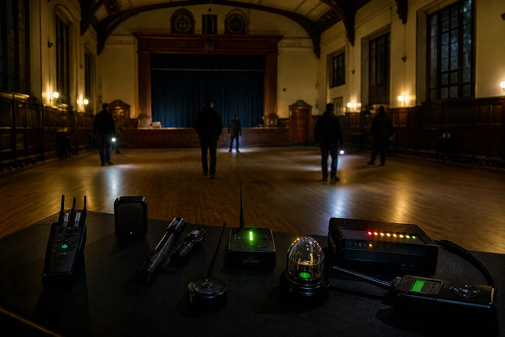 Paranormal investigation equipment prepared inside an atmospheric historic hall