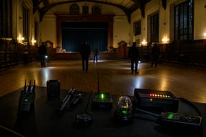 Paranormal investigation equipment prepared inside an atmospheric historic hall